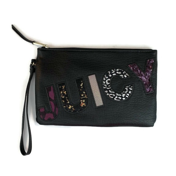 JUICY COUTURE Wristlet Clutch Bag Sequin Animal Print Logo Black - Picture 3 of 5